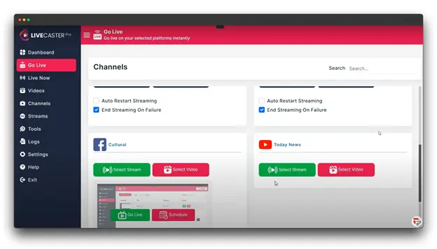 A screenshot of the LiveCaster Pro dashboard, showing two channels: Cultural and Today News. Each channel has a "Go Live" button, a preview of the streaming video, and options to automatically restart streaming and end streaming on failure. Live Streaming on YouTube
