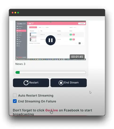 A screenshot of a live streaming dashboard, possibly from a platform like Facebook Live or YouTube Live. The dashboard shows a live video stream of "News 3" that is currently paused. The user has options to restart the stream, end the stream, enable auto-restart, and end the stream on failure. A reminder is displayed to click "Go Live" on Facebook to start broadcasting.