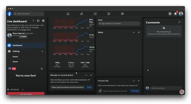 A screenshot of the Facebook Live dashboard. The user, Mayur Agarwal, is currently live streaming. The dashboard displays real-time video and audio statistics, including bitrate and latency. It also shows the number of viewers and allows the user to manage the stream on a second device. The comments section is visible, but there are no comments yet.