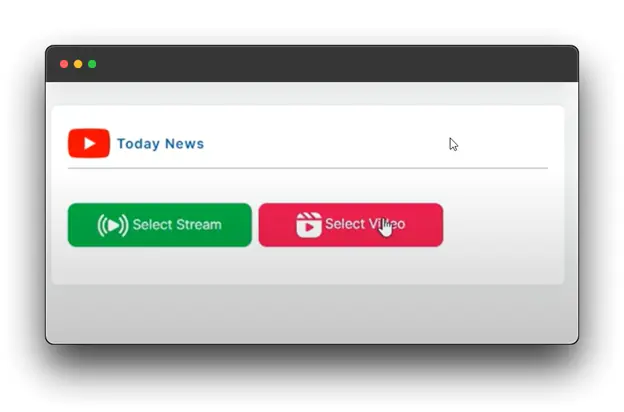 A screenshot of a web browser window showing the "Today News" channel on a streaming platform. The user interface includes a YouTube logo, buttons to "Select Stream" and "Select Video," and a sound volume icon.Live Stream a Video