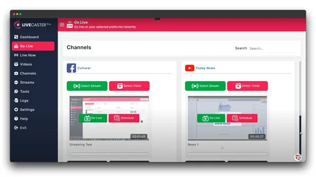 A screenshot of the LiveCaster Pro dashboard, showing two channels: Cultural and Today News. Each channel has a "Go Live" button, a preview of the streaming video, and options to "Select Stream" and "Select Video. live stream on youtube
