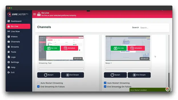 A screenshot of the LiveCaster Pro dashboard, showing two channels: Streaming Test and News 1. Each channel has a "Go Live" button, a preview of the streaming video, and buttons to "Restart" and "End Stream." There are also options to automatically restart streaming and end streaming on failure.