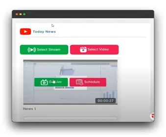 A screenshot of a web browser window showing the "Today News" channel on a streaming platform. The user interface includes a YouTube logo, buttons to "Select Stream" and "Select Video," a preview of the streaming video on youtube