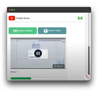 web browser window showing the "Today News" channel on a streaming platform. The user interface includes a YouTube logo, buttons to "Select Stream" and "Select Video,"  and good for live stream on youtube