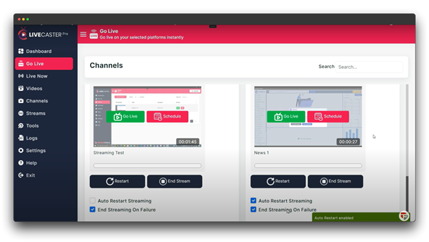 A screenshot of the LiveCaster Pro dashboard, showing two channels: Streaming Test and News 1. Each channel has a "Go Live" button, a preview of the streaming video, and buttons to "Restart" and "End Stream." There are also options to automatically restart streaming and end streaming on failure.