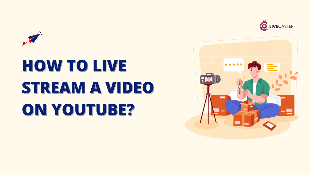 A man is sitting on the floor, unboxing a product and looking at it with a surprised expression. He is live streaming the unboxing on YouTube. The image includes the text "How to Live Stream a Video on YouTube?" and the Livestreamer logo. Keywords: Live Stream a Video on YouTube, YouTube Live Stream, Unboxing, Product Review, Livestreamer
