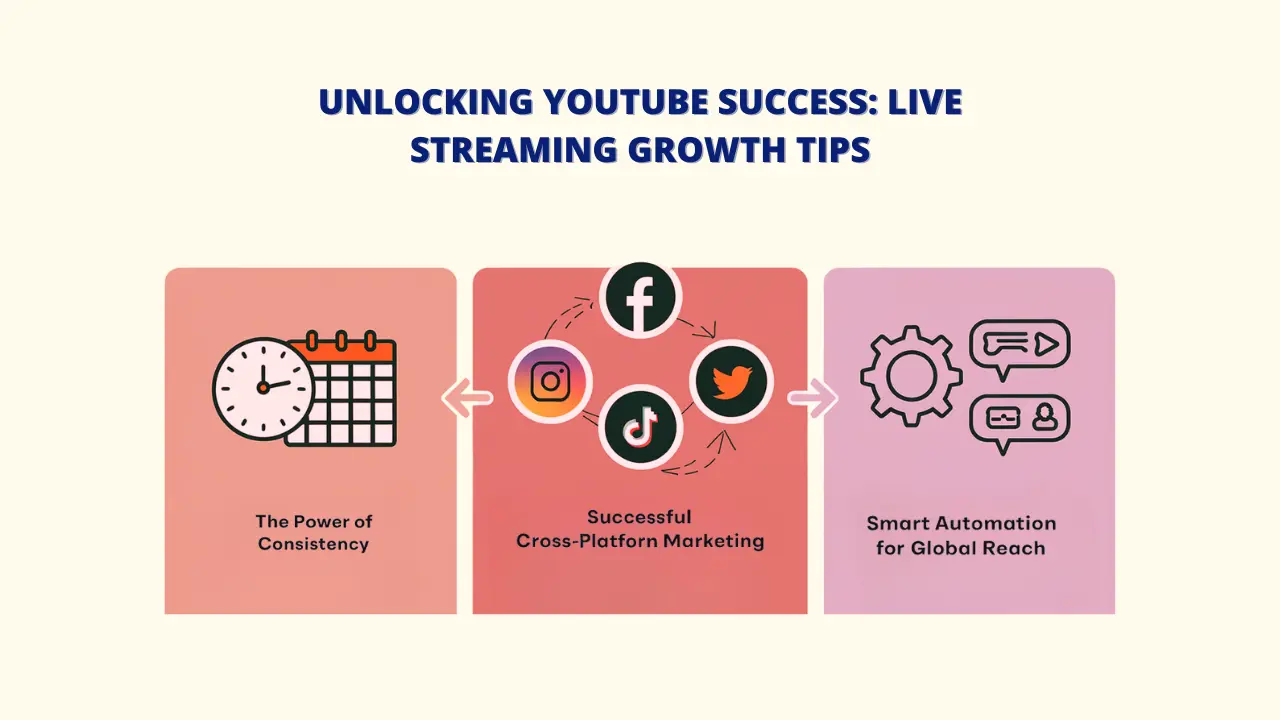 An infographic outlining three tips for unlocking YouTube live streaming success: consistency, cross-platform marketing, and smart automation for global reach. The image includes a calendar, social media icons (Facebook, Instagram, TikTok, Twitter), and a gear. Keywords: Live Stream a Video on YouTube, YouTube Live Stream, Success Tips, Consistency, Cross-Platform Marketing, Smart Automation, Global Reach