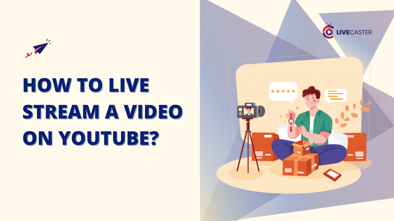 A man is sitting on the floor, unboxing a product and looking at it with a surprised expression. He is live streaming the unboxing on YouTube. The image includes the text "How to Live Stream a Video on YouTube?" and the Livestreamer logo. Keywords: Live Stream a Video on YouTube, YouTube Live Stream, Unboxing, Product Review, Livestreamer