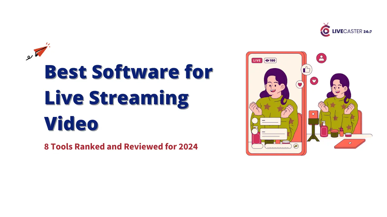 This image is a promotional poster for a live streaming software called Livecaster. It highlights Livecaster as the Best Software for Live Streaming Video and mentions it's part of the Live100 platform. The poster also includes a call to action to start using the software.