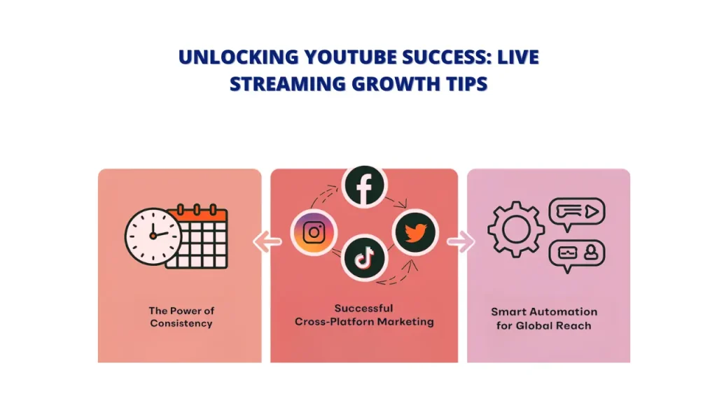 An infographic outlining three tips for unlocking YouTube live streaming success: consistency, cross-platform marketing, and smart automation for global reach. The image includes a calendar, social media icons (Facebook, Instagram, TikTok, Twitter), and a gear. Keywords: Live Stream a Video on YouTube, YouTube Live Stream, Success Tips, Consistency, Cross-Platform Marketing, Smart Automation, Global Reach