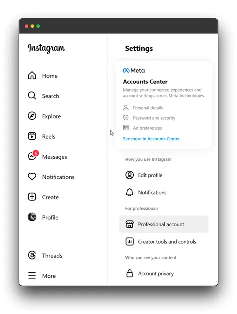 A screenshot of the Instagram settings page. The left side shows the main navigation menu with options like Home, Search, Explore, Reels, Messages, Notifications, Create, Profile, Threads, and More. The right side displays the Accounts Center section, providing access to personal details, password and security, ad preferences, and other account settings. Below that, there are options for editing the profile, managing notifications, and accessing professional tools and controls.