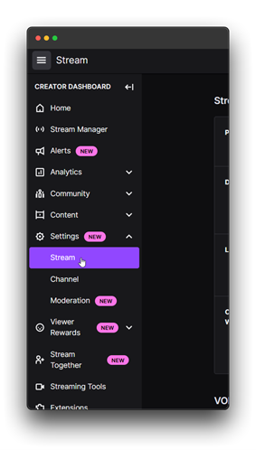 This menu provides access to essential tools for live streaming on Twitch, including Stream Manager, Alerts, Analytics, Community, Content, Settings, Channel, Moderation, Viewer Rewards, Stream Together, Streaming Tools, and Extensions.