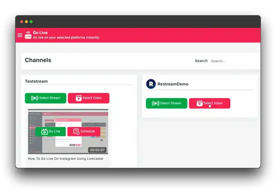 A screenshot of the LiveCaster platform, displaying the "Go Live" page. The user can select a channel like Restream Demo and click "Go Live" to start a live stream on Restream. Keywords: live Restream, Live with Restream, How to Go Live with Restream.