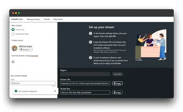 LinkedIn Live stream setup page showing steps to set up a live stream, including choosing a region, copying the Stream Key and URL, and starting the broadcast.
LinkedIn Live: Broadcast your expertise to a global audience.
Live on LinkedIn: Engage with your network in real-time.
How to go Live on LinkedIn: Learn how to share your knowledge and insights through live video.