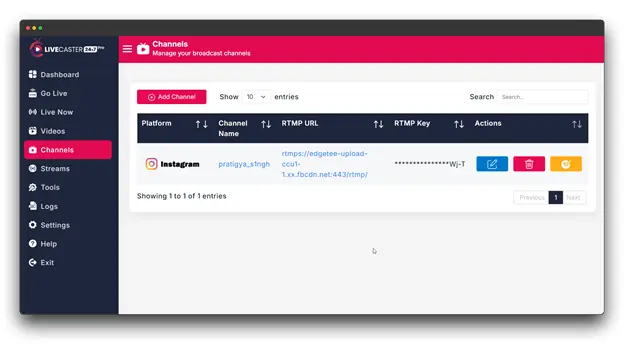 A screenshot of the Livecaster dashboard, a tool for live streaming. The user is managing their broadcast channels, which include a channel named "pratigya.singh" set up for Instagram. The channel details include the platform, channel name, RTMP URL, RTMP key, and actions to edit, delete, or copy the channel Instagram live
