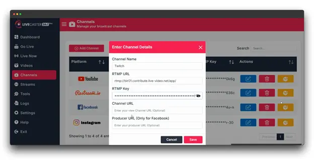 A screenshot of the LiveCaster dashboard, showing the process of adding a new Twitch streaming. The user is prompted to enter the platform name, RTMP URL, RTMP Key, Channel URL, and Producer URL. This image demonstrates the steps involved in setting up a Twitch stream using LiveCaster.