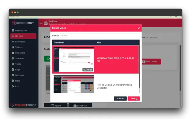 A screenshot of the LiveCaster platform, displaying the "Select Video" modal. The user can select a video thumbnail to use as the preview image for their live stream on Restream. Keywords: live Restream, Live with Restream, How to Go Live with Restream.