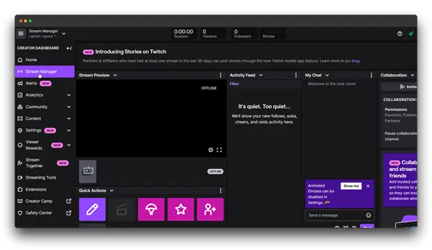 How to Go Live on Twitch dashboard displays a preview of the upcoming stream, along with sections for activity feed, chat, collaboration, and various settings. The Stream Manager is highlighted, indicating its importance in controlling and managing live streams on Twitch.