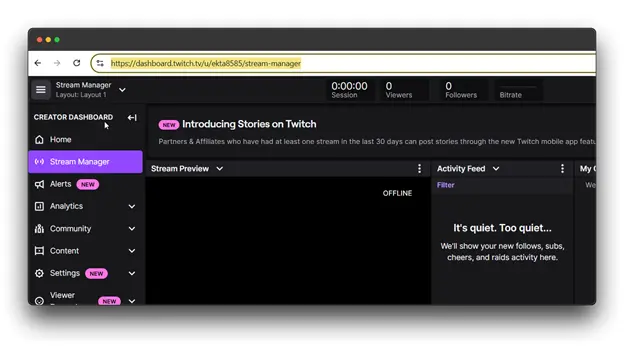 Best Guide for 2024" and "Twitch Streaming":

Alt Text:

A screenshot of the Twitch Creator Dashboard, showcasing the Stream Manager. The dashboard displays a preview of the upcoming stream, along with sections for activity feed, chat, collaboration, and various settings. The Stream Manager is highlighted, indicating its importance in controlling and managing live streams on Twitch.