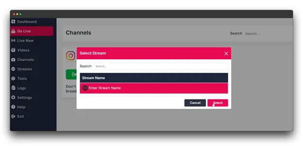 "Instagram Live Streaming

A screenshot of the Livecaster dashboard, a tool for live streaming. The user is selecting a stream for their Instagram live broadcast. The user is prompted to enter a stream name in the search bar.