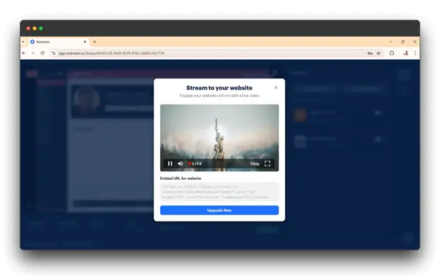 A screenshot of the Restream platform, displaying the "Stream to your website" modal. The user can embed a live video stream on their website using the provided embed code. Keywords: live Restream, Live with Restream, How to Go Live with Restream.