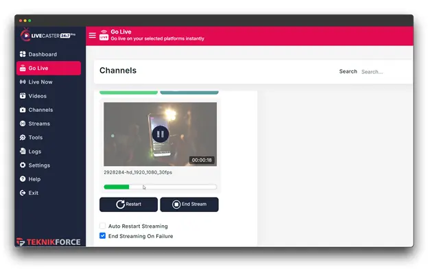 A screenshot of the Livecaster dashboard, a tool for live streaming. The user is currently live streaming on Instagram. The dashboard shows a preview of the live video, along with controls to restart, end the stream, and enable auto-restart and end-streaming-on-failure options.