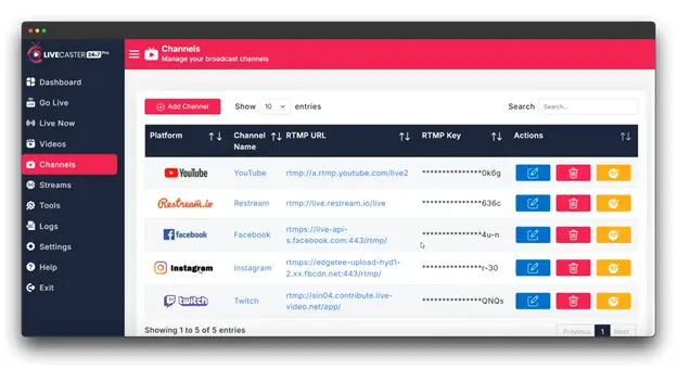 A screenshot of the LiveCaster dashboard, showcasing a list of different social media platforms including YouTube, Restream, Facebook, Instagram, and Twitch. The user can manage their broadcast channels, add new channels, and view their RTMP URL and RTMP Key for each platform.