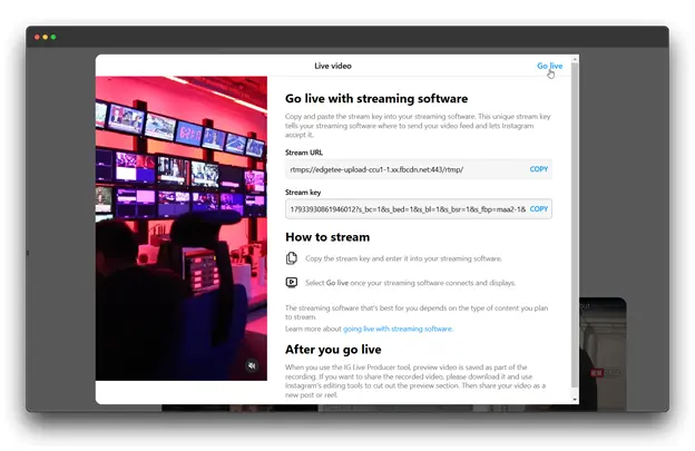 A screenshot of the Instagram app showing the "Live Video" screen. The user is prompted to go live with streaming software by copying and pasting a stream URL and stream key into their chosen software. Instructions are provided on how to connect the streaming software and go live, as well as information on what happens after the live video ends. The image also shows a preview of a live stream setup in a professional studio environment.