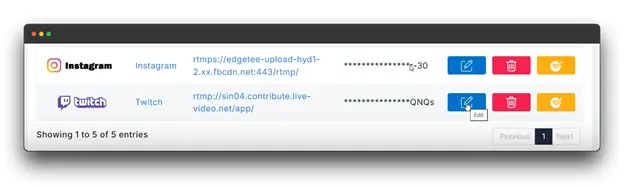 Twitch Streaming  The user can manage these channels, including editing, deleting, and copying the details. This image demonstrates the process of setting up multiple live streams simultaneously using streaming software.