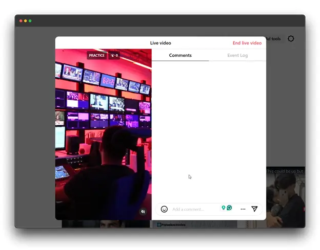 A screenshot of the Instagram app showing the "Live Video" screen during a live broadcast. The user is live streaming, and the screen displays controls for ending the live video, viewing comments, and accessing the event log.