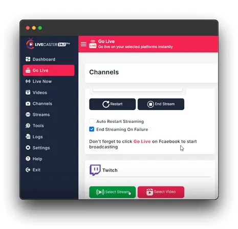  LiveCaster dashboard, showing the "Go Live" section. This section allows users to start streaming to multiple platforms simultaneously, including Twitch. The dashboard also provides options for auto-restart streaming, ending streams, and selecting the desired stream and video sources.