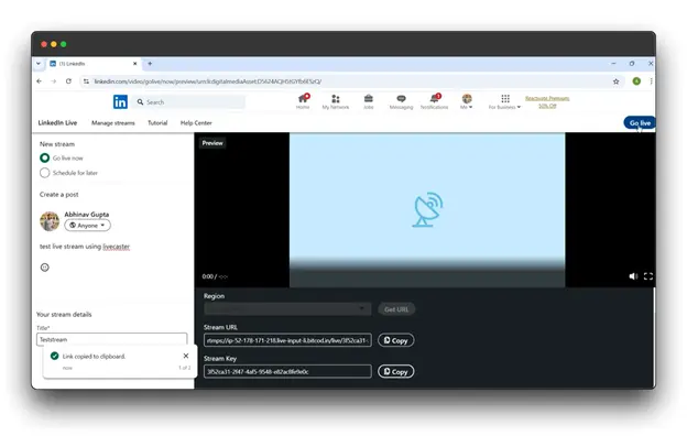 LinkedIn Live stream preview screen.
LinkedIn Live: Broadcast your expertise to a global audience.
Live on LinkedIn: Engage with your network in real-time.
How to go Live on LinkedIn: Learn how to share your knowledge and insights through live video.