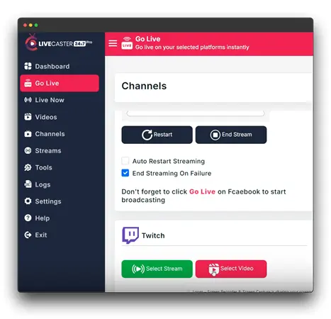 A screenshot of the LiveCaster dashboard, showing the "Go Live" section. This section allows users to start streaming to multiple platforms simultaneously, including Twitch streaming

