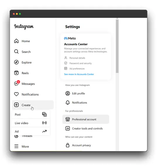 A screenshot of the Instagram settings page. The left side shows the main navigation menu with options like Home, Search, Explore, Reels, Messages, Notifications, Create, Profile, Threads, and More. The right side displays the Accounts Center section, providing access to personal details, password and security, ad preferences, and other account settings. Below that, there are options for editing the profile, managing notifications, and accessing professional tools and controls.