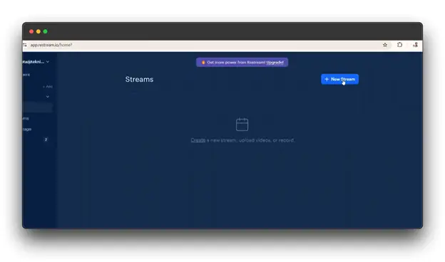 A screenshot of the Restream platform, displaying the "Streams" page. The page has a dark blue background with a prominent "New Stream" button. The user can add, edit, or delete streams from this page. Keywords: live Restream, Live with Restream, How to Go Live with Restream.