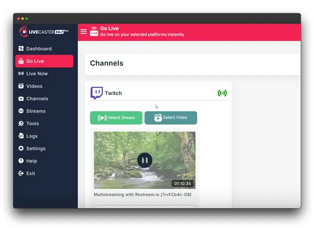 Twitch live streaming. The user has selected a video source, titled "Multistreaming with Restream.io," and is ready to go live on Twitch. The dashboard provides options for selecting the stream and video source, as well as starting and ending the stream.