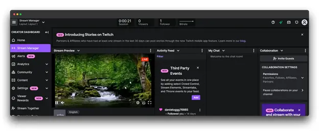 How to Go Live on Twitch The dashboard displays a preview of the upcoming stream, along with sections for activity feed, chat, collaboration, and various settings. The Stream Manager is highlighted, indicating its importance in controlling and managing live streams on Twitch.
