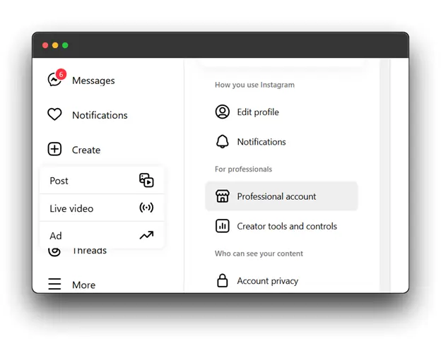 A screenshot of the Instagram settings page. The left side shows the main navigation menu with options like Messages, Notifications, Create, Profile, Threads, and More. The Create option is expanded to show sub-options for posting, live video, ads, and Threads. The right side displays sections for how you use Instagram, including editing your profile, notifications, professional account settings, creator tools and controls, who can see your content, and account privacy why  How to go live on Instagram