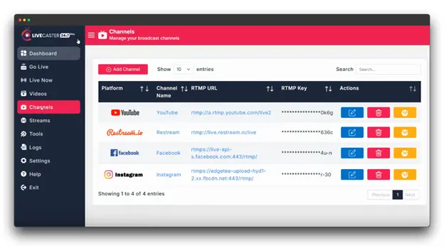 A screenshot of the LiveCaster dashboard, showcasing a list of different social media platforms including YouTube, Restream, Facebook, and Instagram. The user can manage their broadcast channels, add new channels, and view their RTMP URL and RTMP Key for each platform. This tool helps streamline live streaming across multiple platforms.