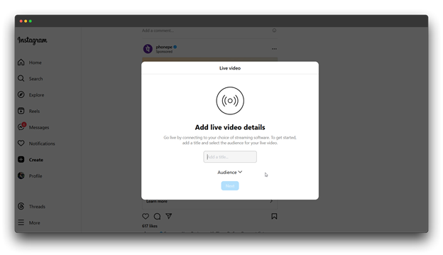 A screenshot of the Instagram app showing the "Live Video" screen. The user is prompted to add details for their live video, including a title and audience selection.
