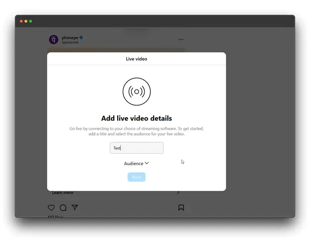 A screenshot of the Instagram live app showing the "Live Video" screen. The user is prompted to add details for their live video, including a title and audience selection.