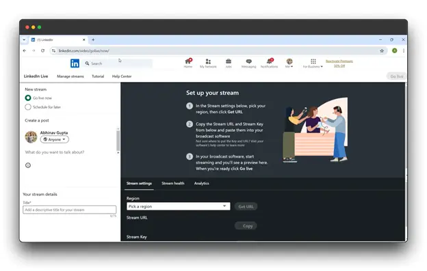 LinkedIn Live stream setup page.
LinkedIn Live: Broadcast your expertise to a global audience.
Live on LinkedIn: Engage with your network in real-time.
How to go Live on LinkedIn: Learn how to share your knowledge and insights through live video.