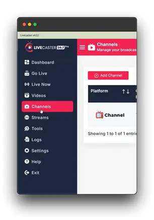  A screenshot of the LiveCaster platform, displaying the "Channels" page. The user can manage their broadcasts, add new channels, and view existing channels. Keywords: live Restream, Live with Restream, How to Go Live with Restream.