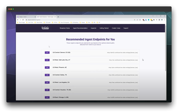 A screenshot of the Twitch Developer Dashboard, displaying a list of recommended ingest endpoints for streaming. The endpoints are categorized by region, including US Central, US West, and US East. This information is essential for setting up a smooth and efficient live stream on Twitch.