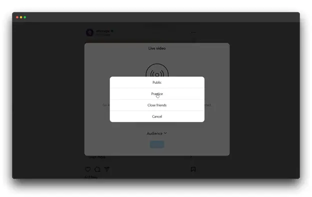 A screenshot of the Instagram app showing the "Live Video" screen. The user is prompted to select an audience for their live video from the options: Public, Practice, Close Friends, or Cancel.