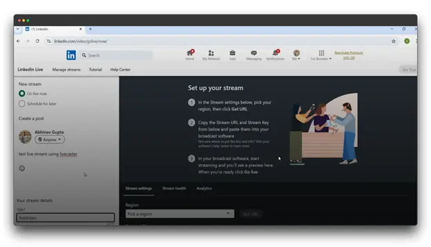 LinkedIn Live stream setup page showing steps to set up a live stream, including choosing a region, copying the Stream Key and URL, and starting the broadcast.
LinkedIn Live: Broadcast your expertise to a global audience.
Live on LinkedIn: Engage with your network in real-time.
How to go Live on LinkedIn: Learn how to share your knowledge and insights through live video.