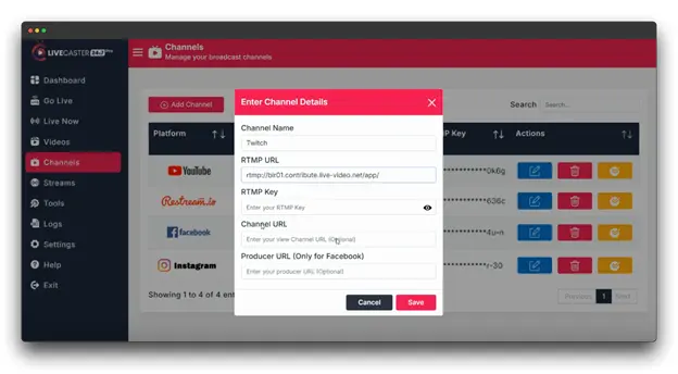 A screenshot of the LiveCaster dashboard, showing the process of adding a new Twitch channel. The user is prompted to enter the platform name, RTMP URL, RTMP Key, Channel URL, and Producer URL. This image demonstrates the steps involved in setting up a Twitch stream using LiveCaster.