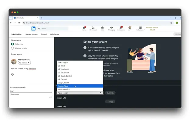 LinkedIn Live stream setup page showing steps to set up a live stream, including choosing a region, copying the Stream Key and URL, and starting the broadcast.
LinkedIn Live: Broadcast your expertise to a global audience.
Live on LinkedIn: Engage with your network in real-time.
How to go Live on LinkedIn: Learn how to share your knowledge and insights through live video.
