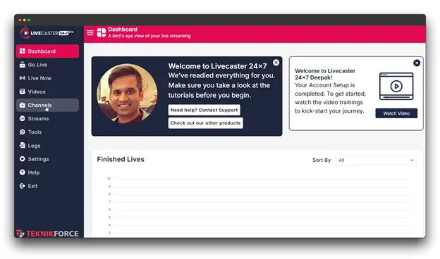 A screenshot of the Livecaster dashboard, a tool for live streaming. The dashboard shows options for going live, managing videos, channels, streams, and tools. It also provides access to logs, settings, help, and the ability to exit. Instagram live