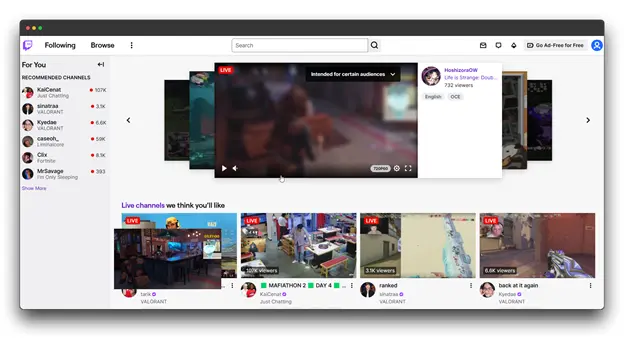 The featured stream is "A Life a Strange Quest" with 732 viewers. Other recommended channels are displayed below, including "MARATHON 2 DAY 41" and "back at it again." This image provides a visual representation of the Twitch platform and its diverse content with Twitch Streaming 